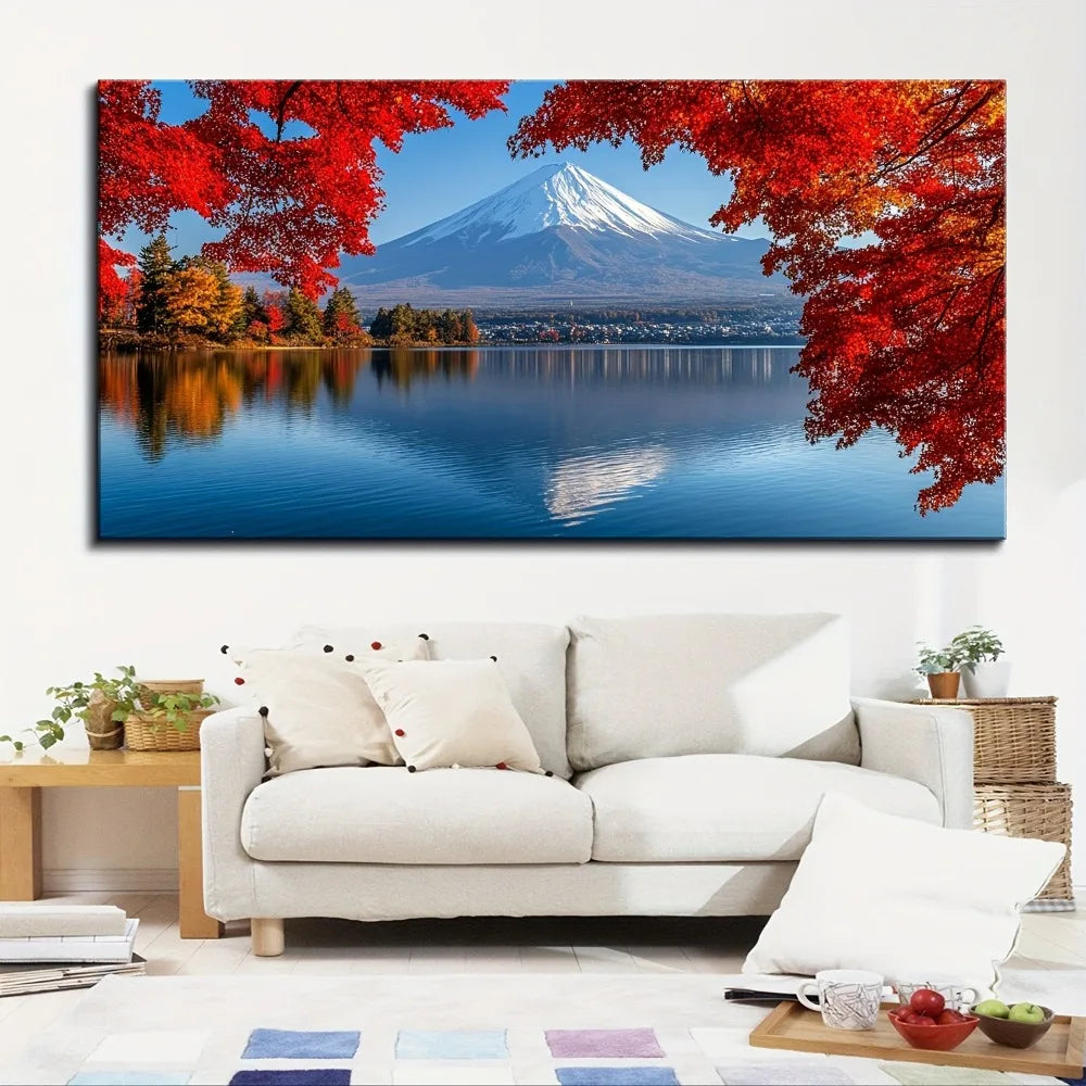 1.5 inch thick pine solid wood frame, canvas printed with the morning mist of Mount Fuji and Kawaguchi Lake, wall decoration