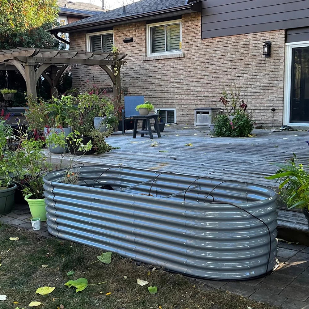 8x3x2FT Galvanized Raised Garden Bed Kit Oval Metal Ground Bottomless Planter Box Outdoor for Vegetables Flowers Herbs Fruits