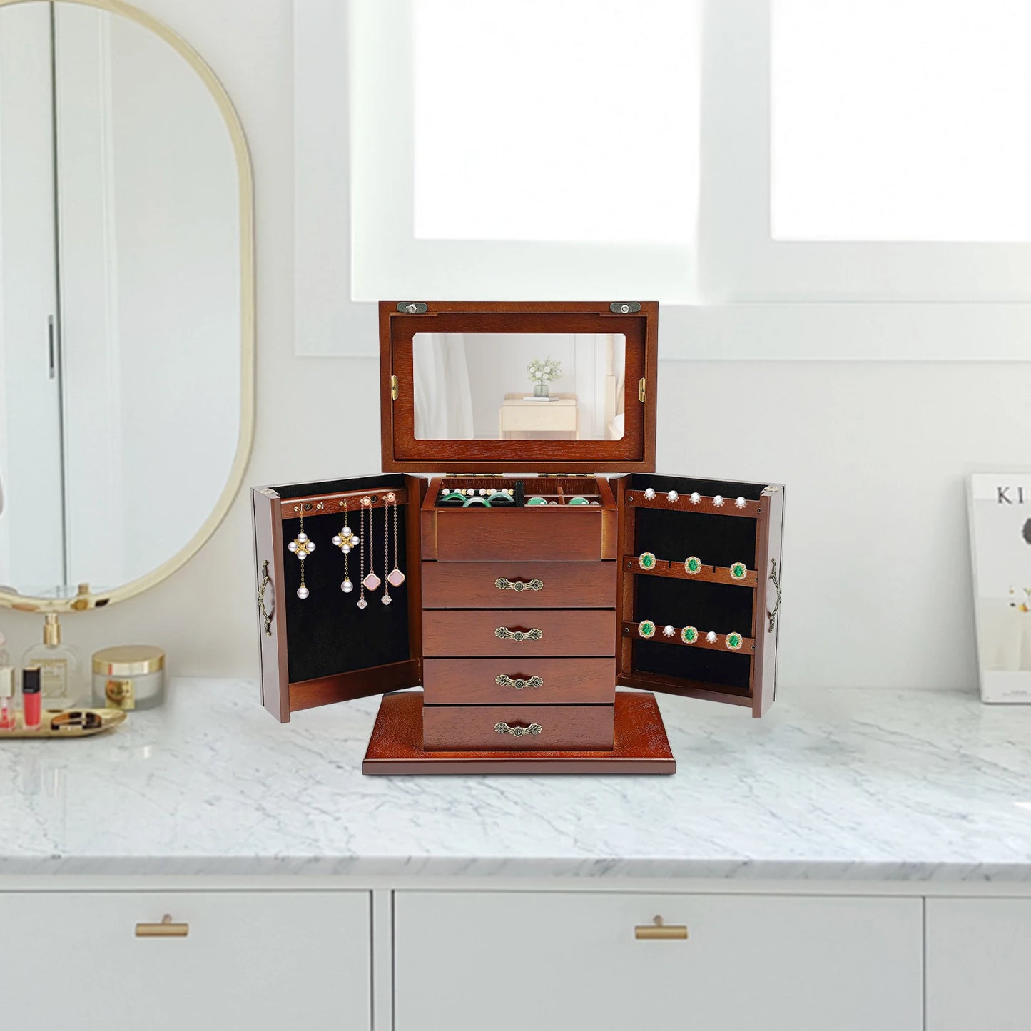 NONECN Five Tier Four Drawer Wooden Jewelry Box With Mirror