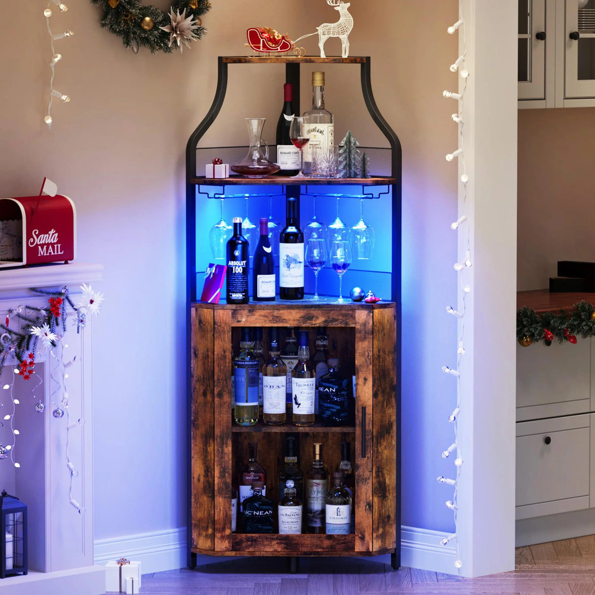 HiMISS Corner Wine Cabinet With LED Lights And Glass Holder