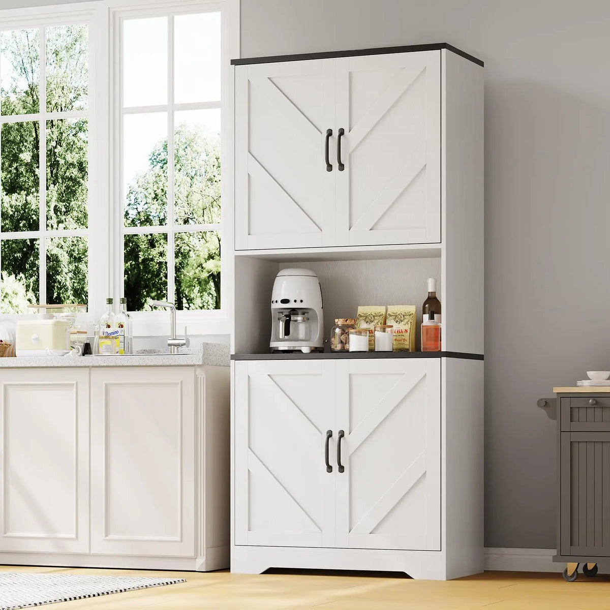 Farmhouse Kitchen Pantry Cabinet With Charging Station Drawer And Shelves
