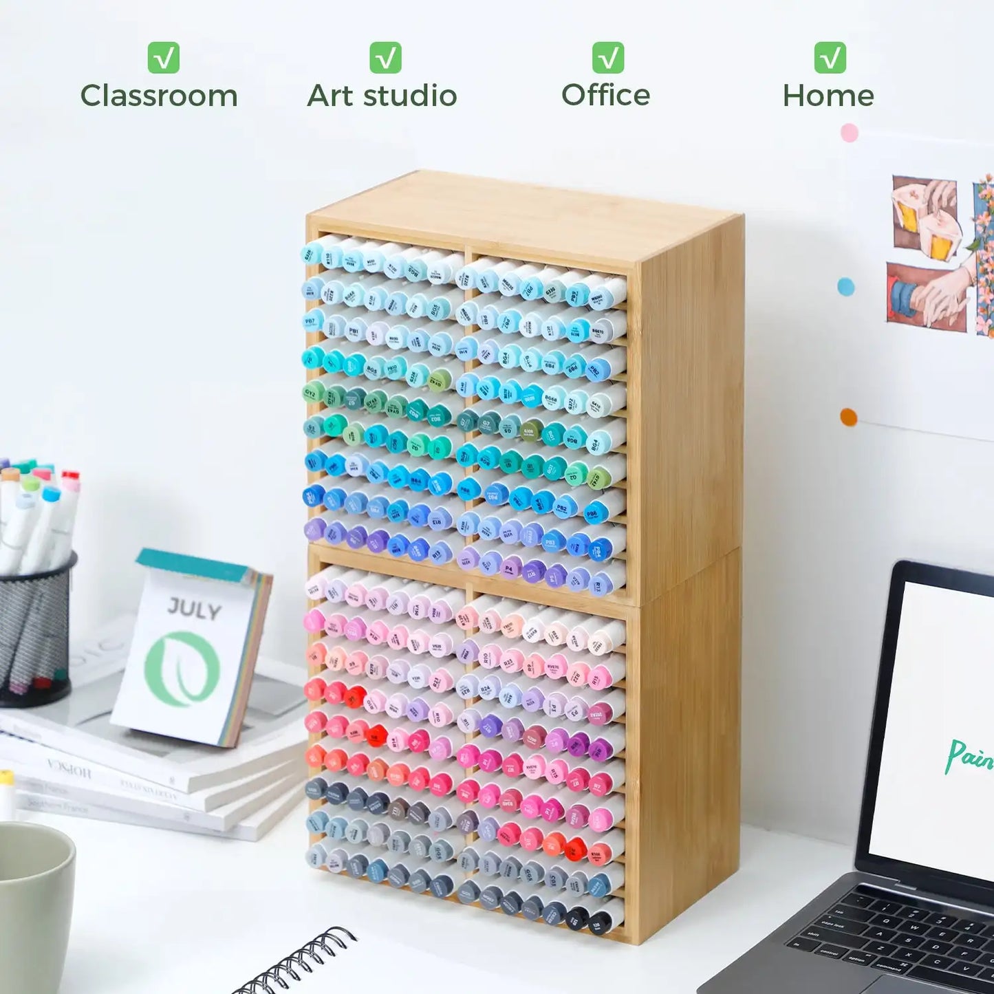 Ohuhu Bamboo Marker Organizer Wood Desk Storage for 126 Markers