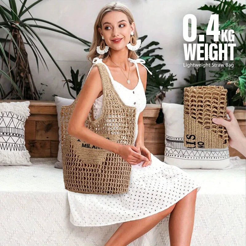 Straw Mesh Tote Bag For Women Crossbody Foldable Shoulder Purse