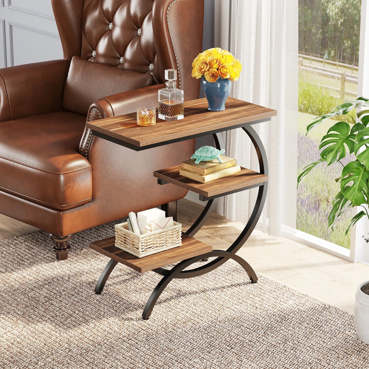 Tribesigns C Shaped End Table Industrial Three Tier Couch Table