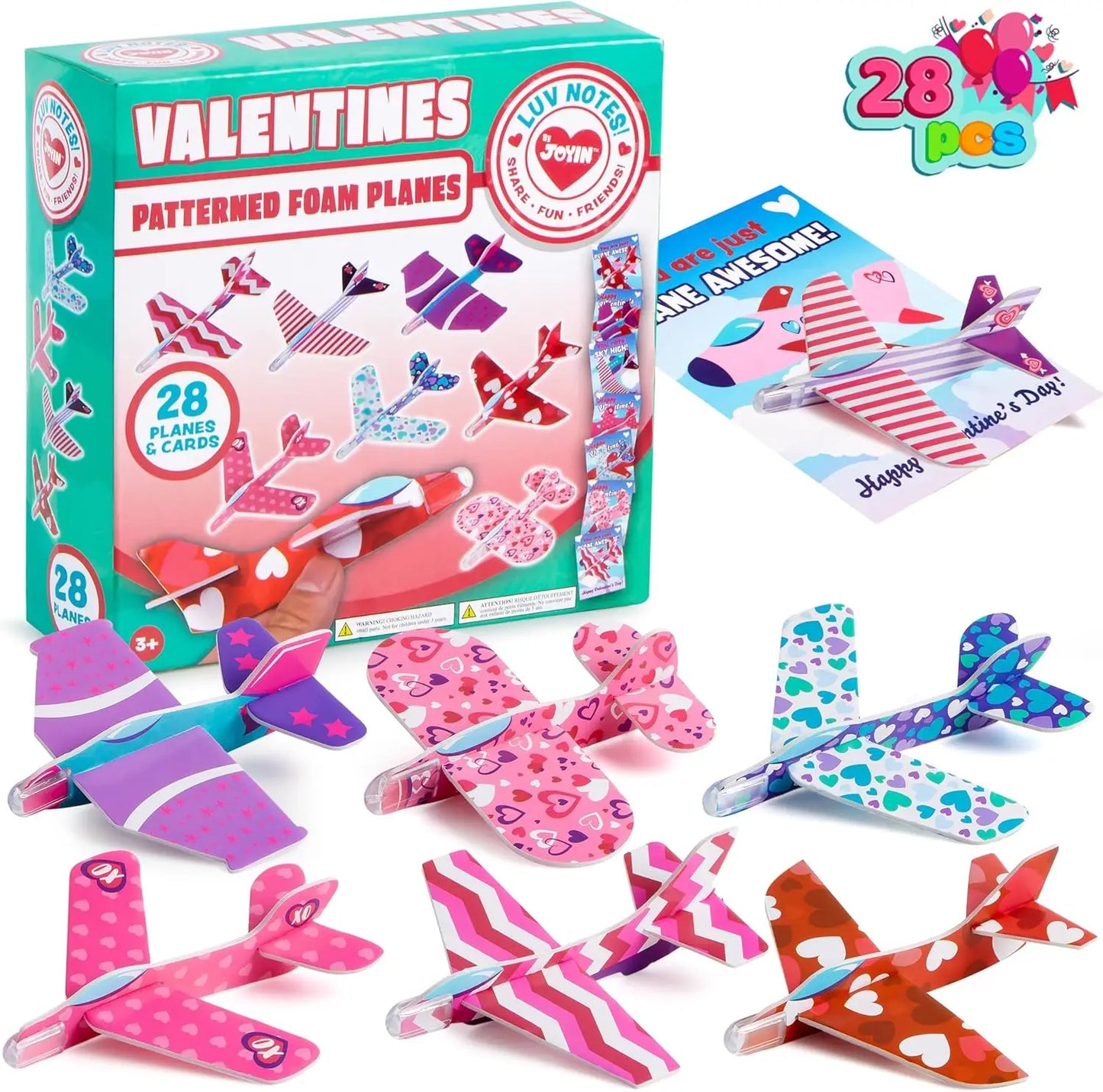JOYFY 28 Valentines Day Foam Airplanes Greeting Cards with Valentine Punchline for School Classroom Exchange Prizes Party Favor