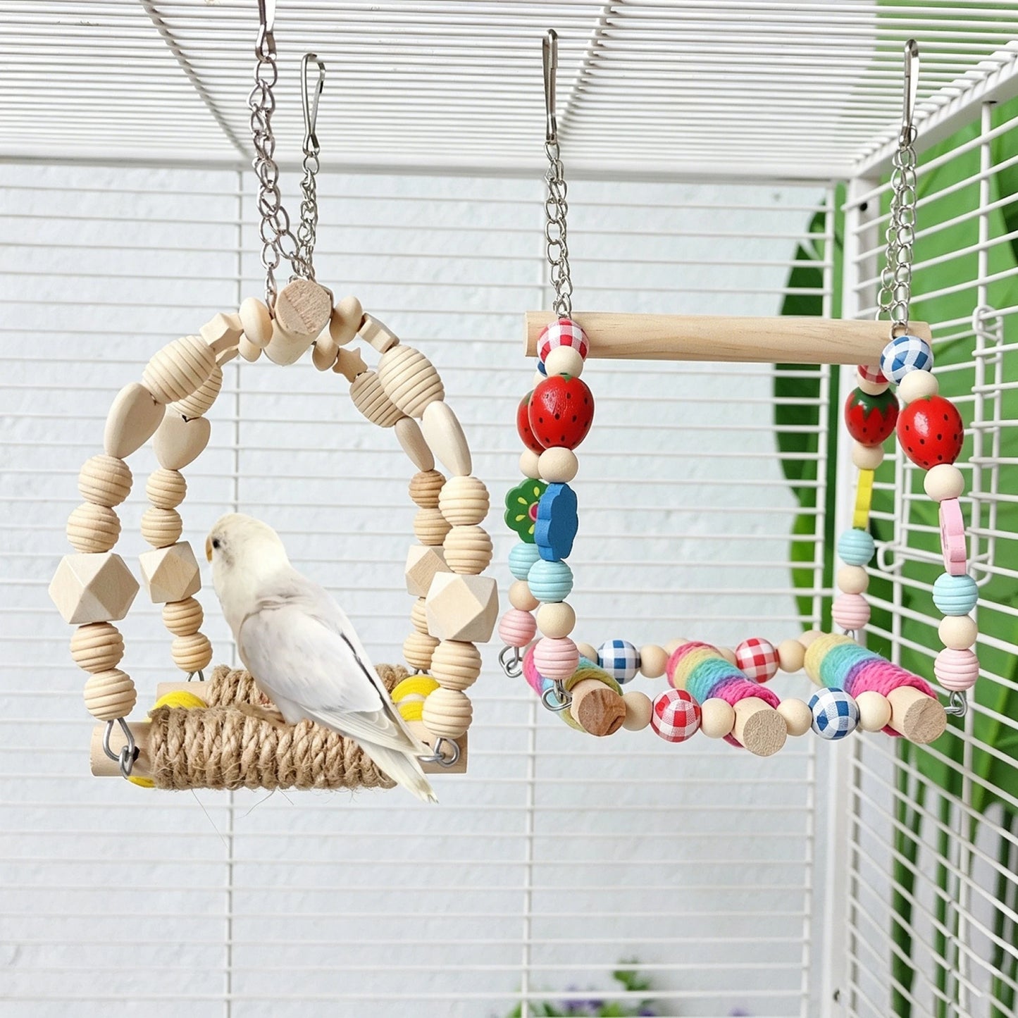 Wooden Bird Swing Perch With Hanging Toys Parrots Budgies Lovebirds