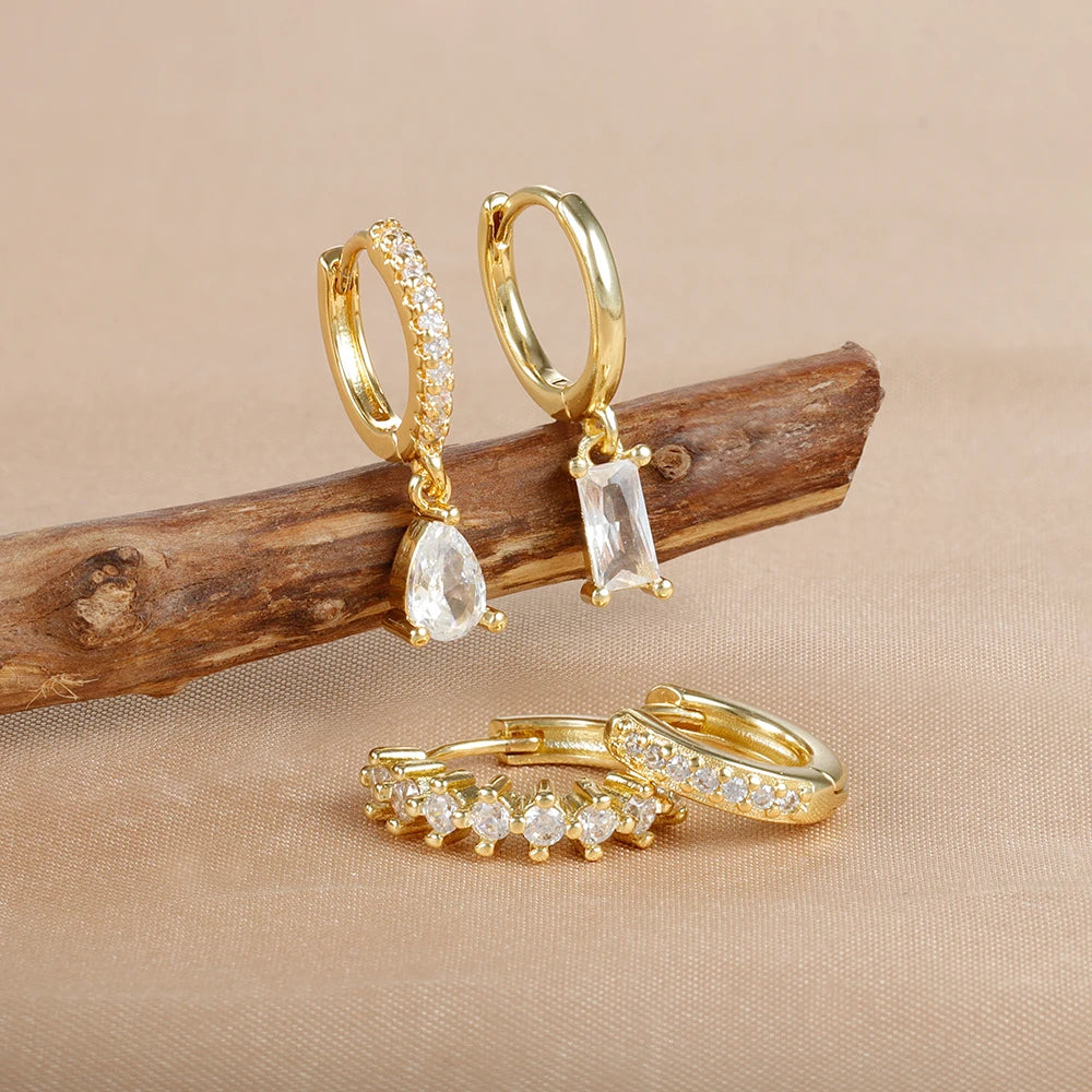 Korean Stainless Steel Zircon Water Drop Earrings Set for Women
