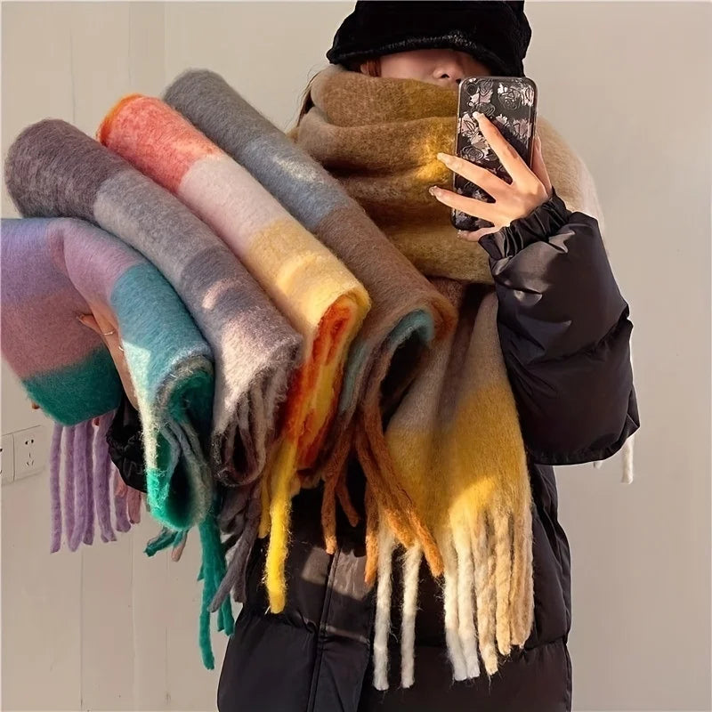 Boho Plaid Tassel Chunky Knit Scarf Shawl Neck Warmer