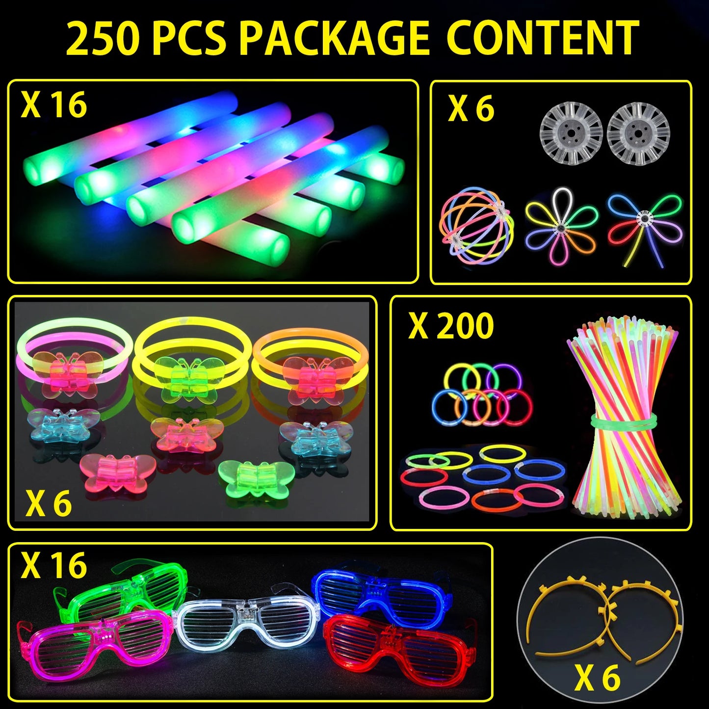 Glow In The Dark Party Supplies Kit With Foam Glow Sticks And LED Glasses