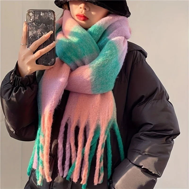 Boho Plaid Tassel Chunky Knit Scarf Shawl Neck Warmer