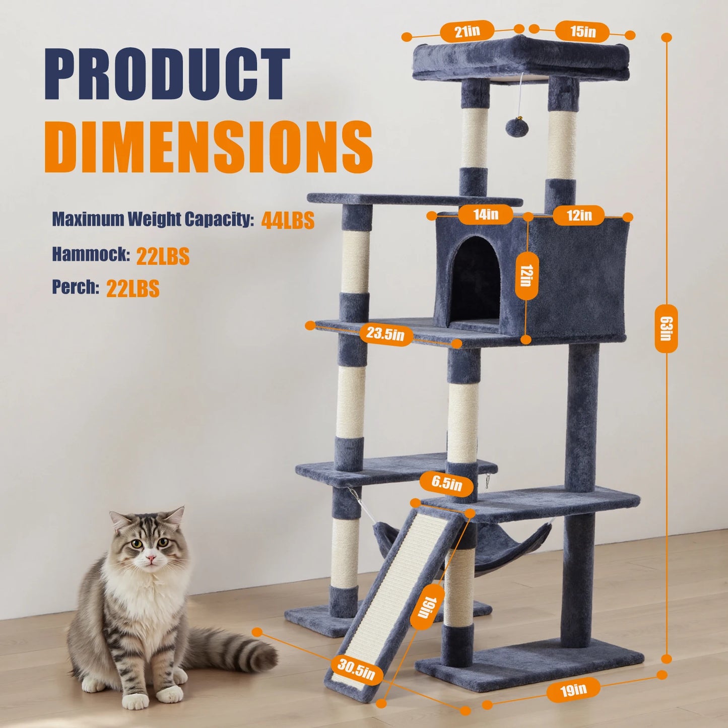 JHK Cat Tree Five Level Tower With Natural Sisal Posts