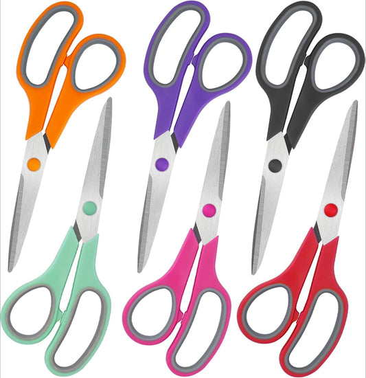 8" Scissors All Purpose 6 Pack - Comfort-Grip Sharp Scissors for Office School Sewing Fabric Craft Art Supplies