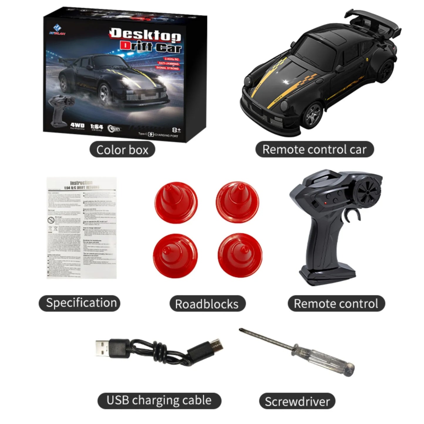 ANTSIR 1/64 2.4G Desktop Mini High Speed Drift Car 4WD Remote Control - Full Proportion Racing Car Toy GTR Race Model