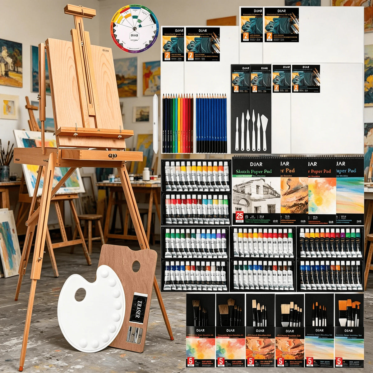 DJAR Wooden French Easel Painting Kit With Artist Supplies