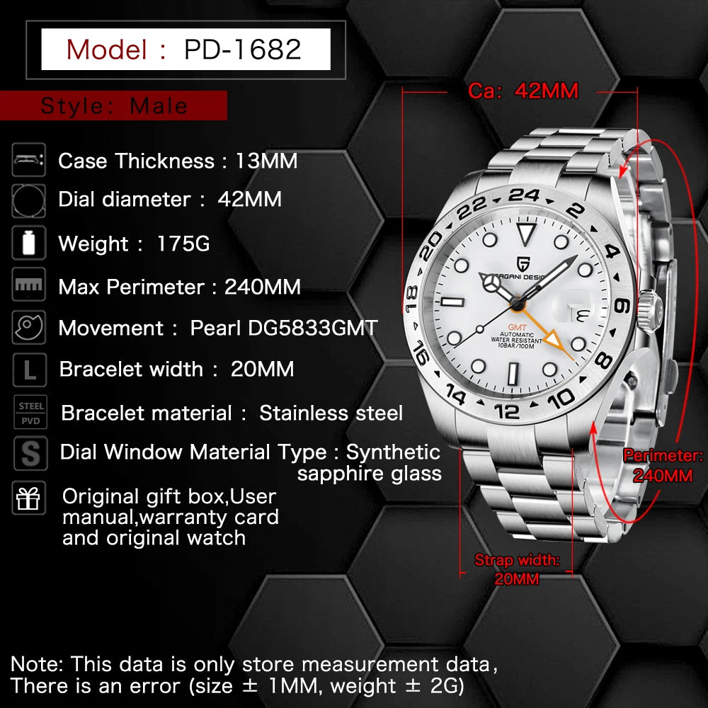 Pagani Design GMT Automatic Watch Stainless Steel Case Mens