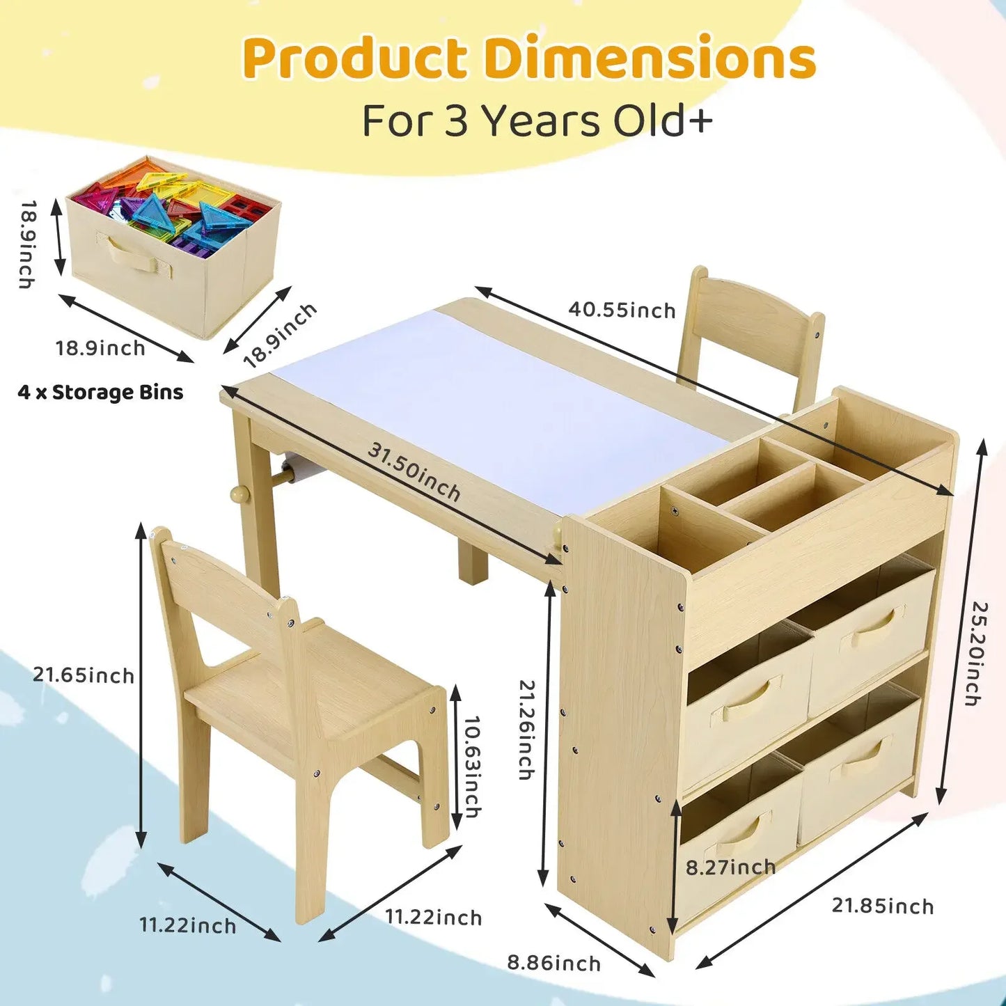 AuAg Kids Art Table And 2 Chairs Set With StorageSpace