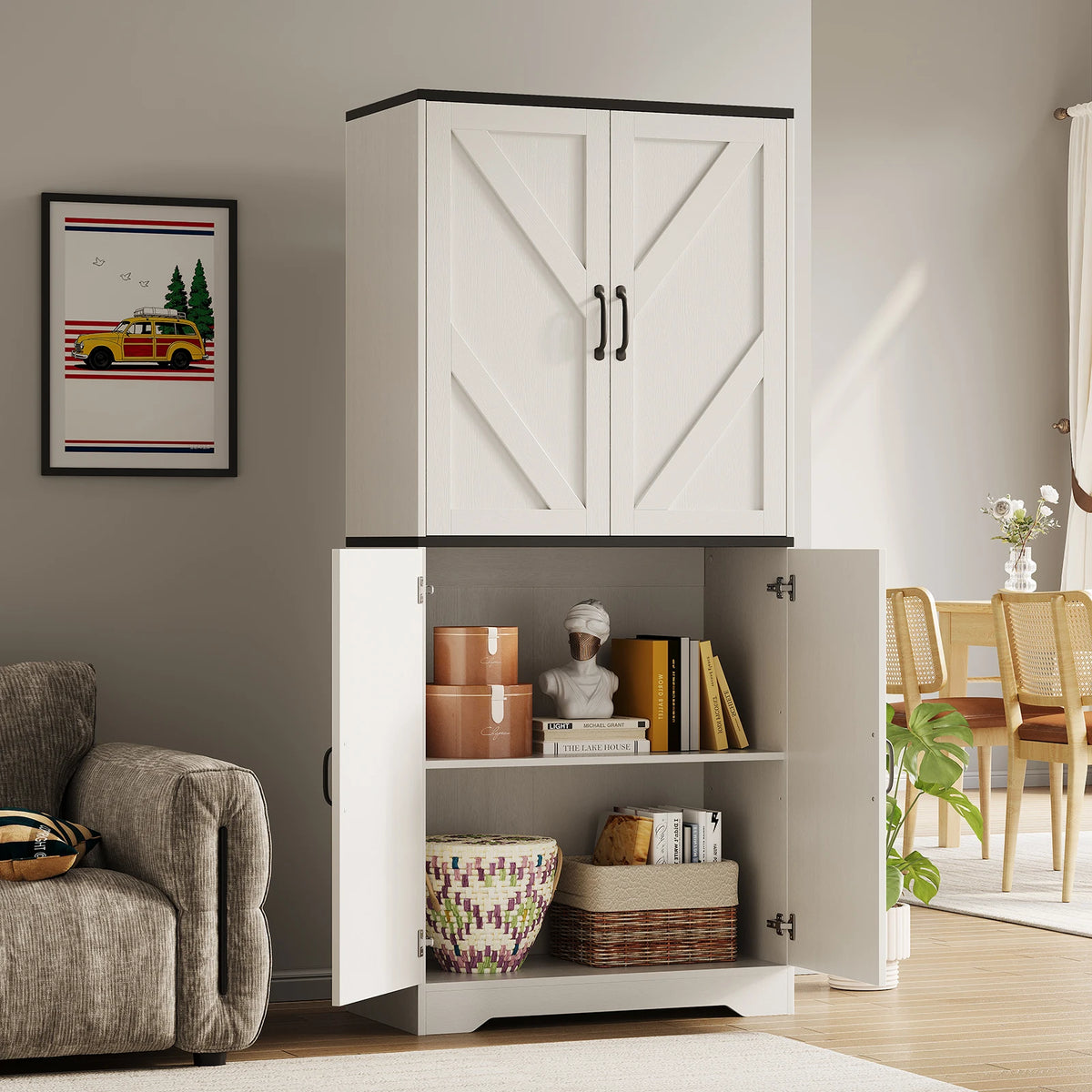 Farmhouse Kitchen Pantry Cabinet With Charging Station Drawer And Shelves