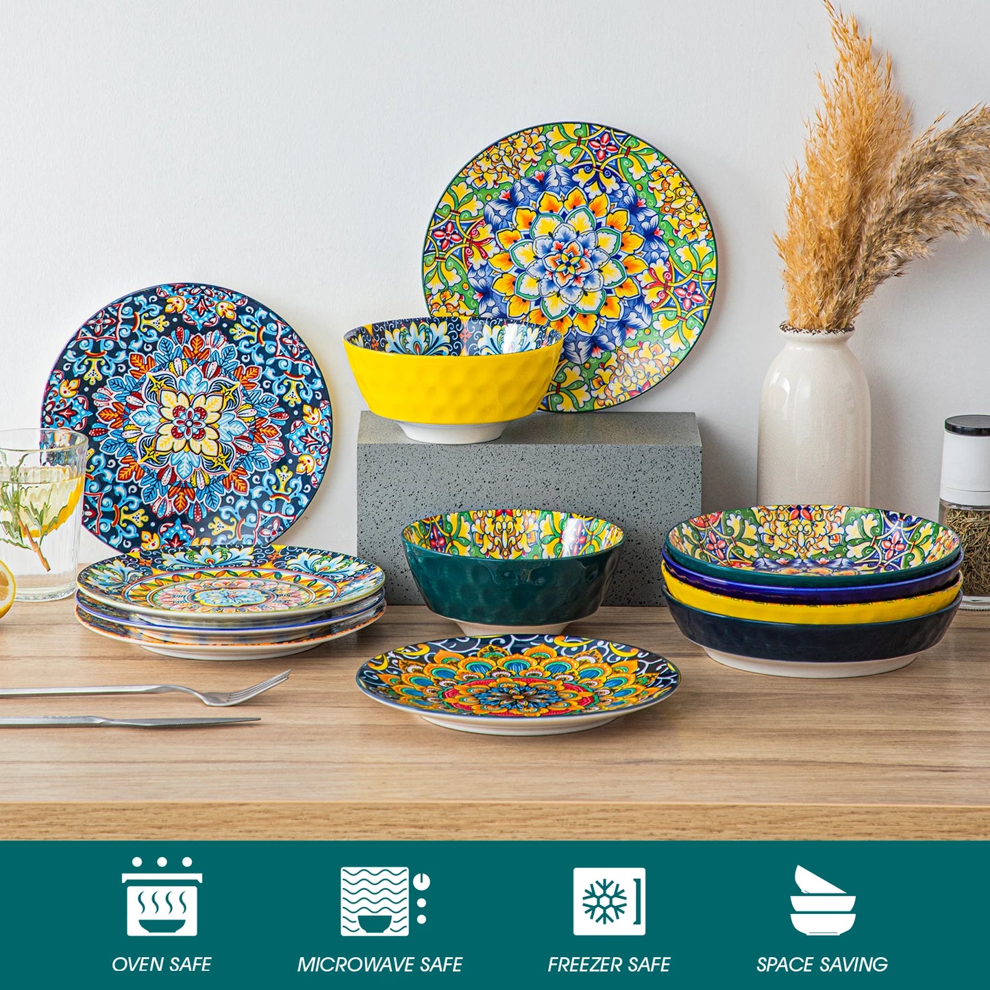 MALACASA Stoneware Dinnerware Set Bohemian Style For Six