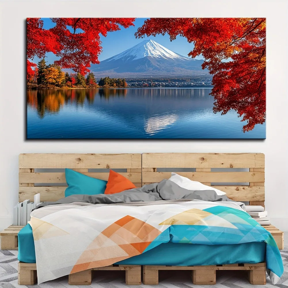 1.5 inch thick pine solid wood frame, canvas printed with the morning mist of Mount Fuji and Kawaguchi Lake, wall decoration