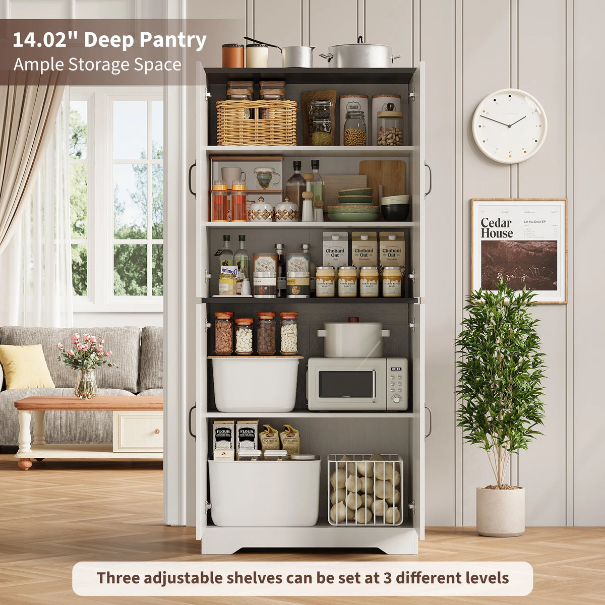 Farmhouse Kitchen Pantry Cabinet With Charging Station Drawer And Shelves