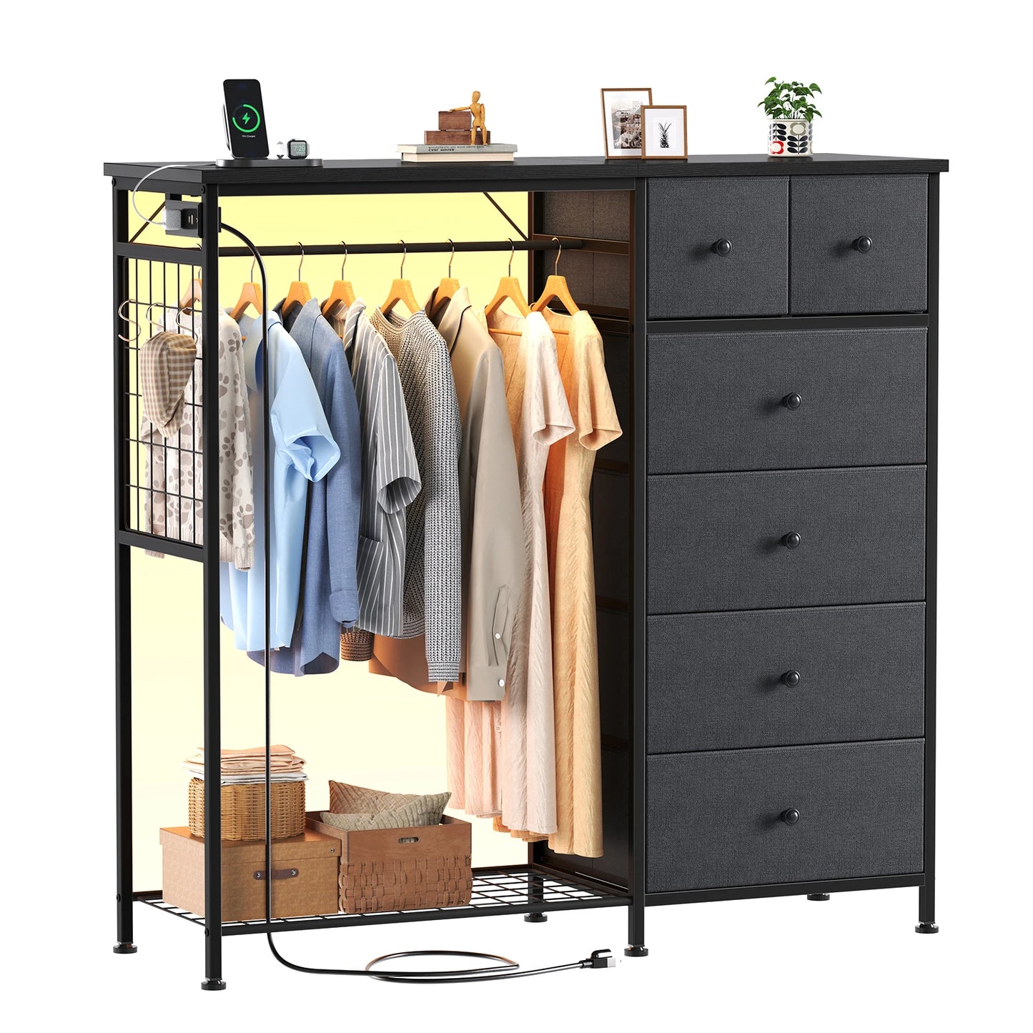 JHK 6 Drawer Fabric Dresser With Charging Station LED Lights