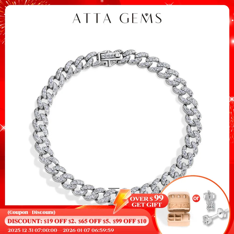 ATTAGEMS Moissanite Cuban Chain 925 Sterling Silver Bracelet