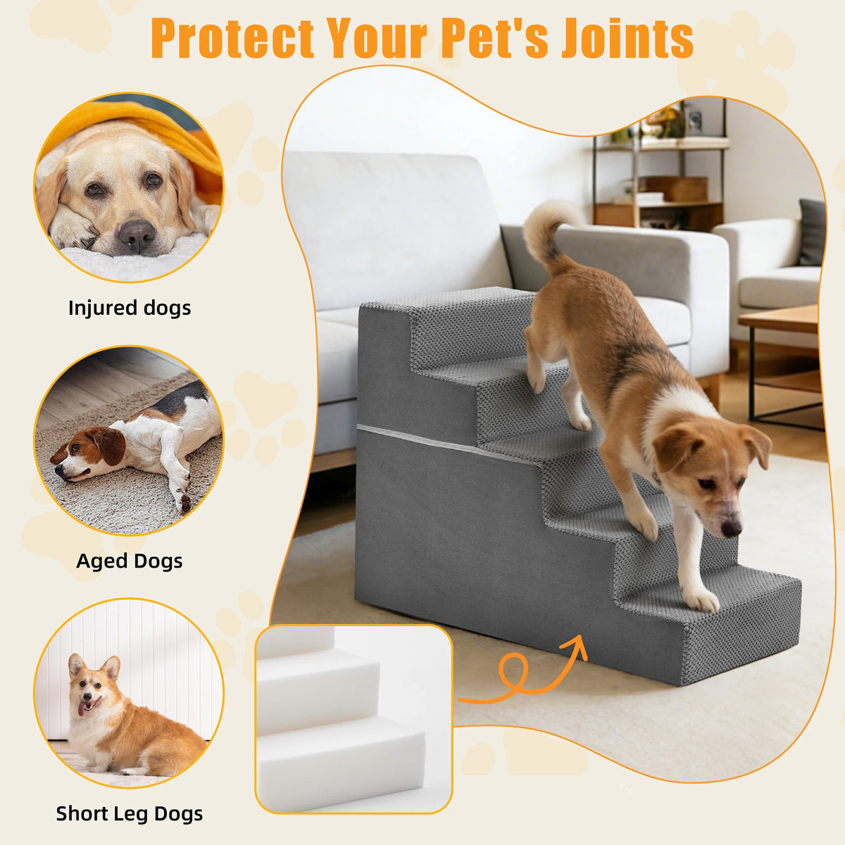 JHK Curved Foam Dog Stairs Ramp With Non Slip Steps