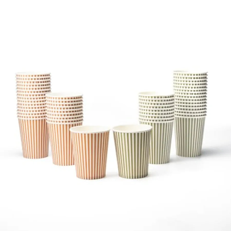 Sage Green Orange Striped Paper Cups Pastel Fall Themed Party Cup for Forest Friends Autumn Birthday Tableware Ideal for Fall W