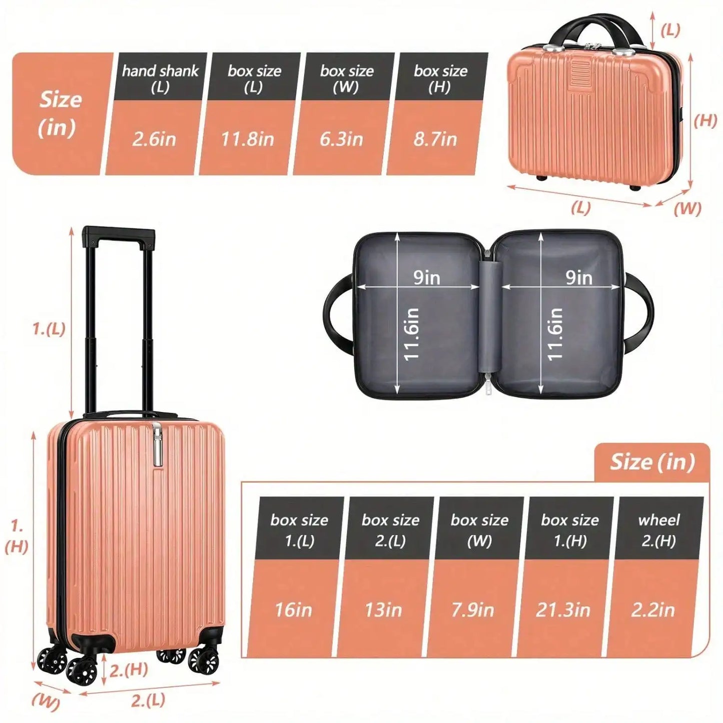 2 Piece Hardside Luggage Set Airline Approved 4 Wheels Cosmetic Case