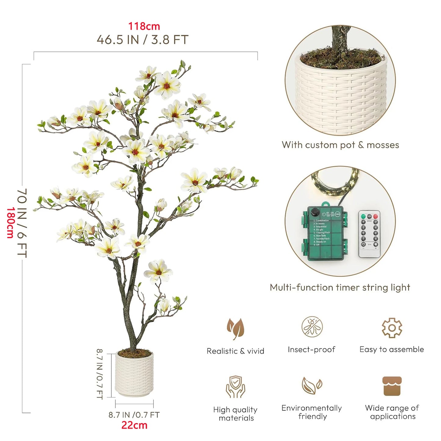 Artificial Magnolia Plant With LED Lights For Outdoor Patio Decor
