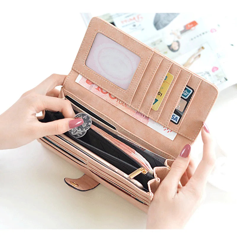 Nubuck Leather Long Wallet For Women Hasp Clutch Card Holder