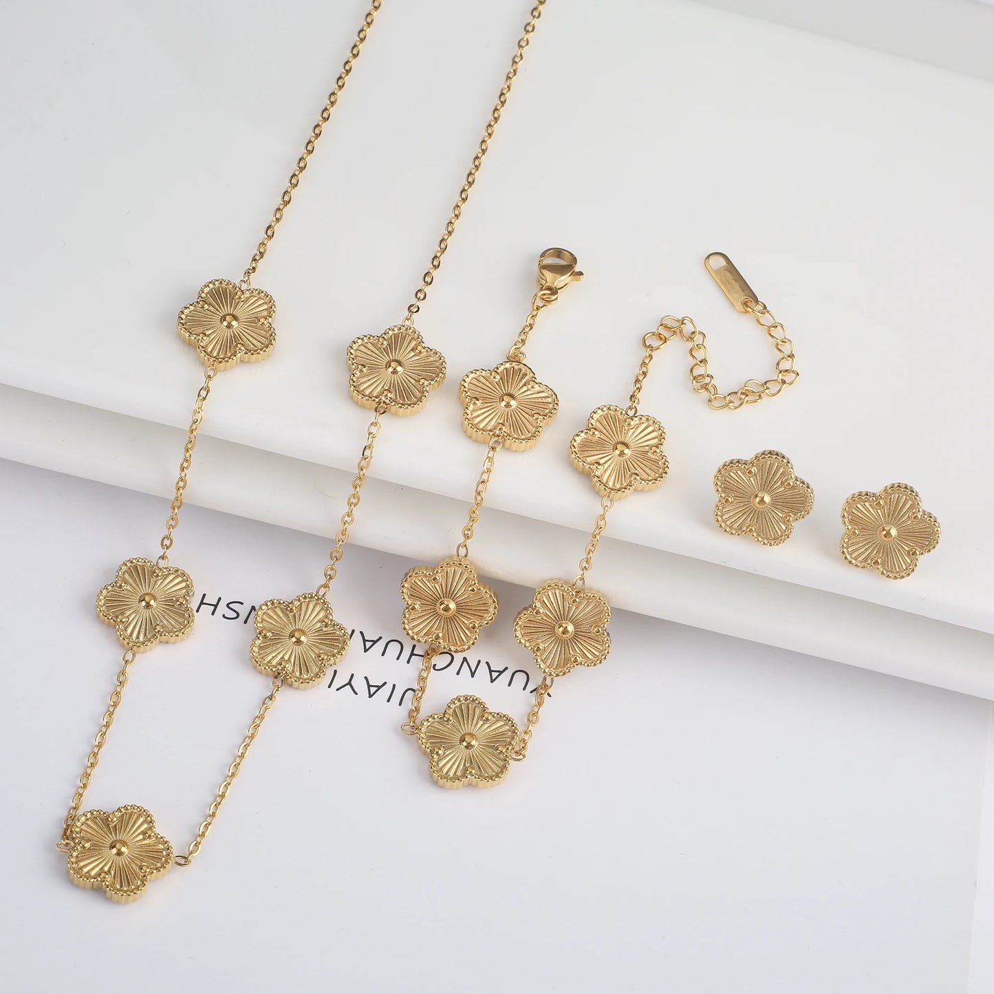 316L Stainless Steel Five Leaf Clover Jewelry Set Gold Plated