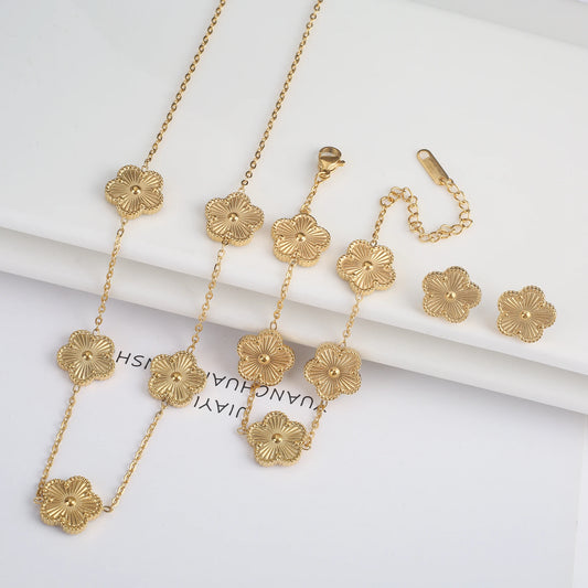 316L Stainless Steel Flower Five Leaf Jewelry Set Necklace Earrings