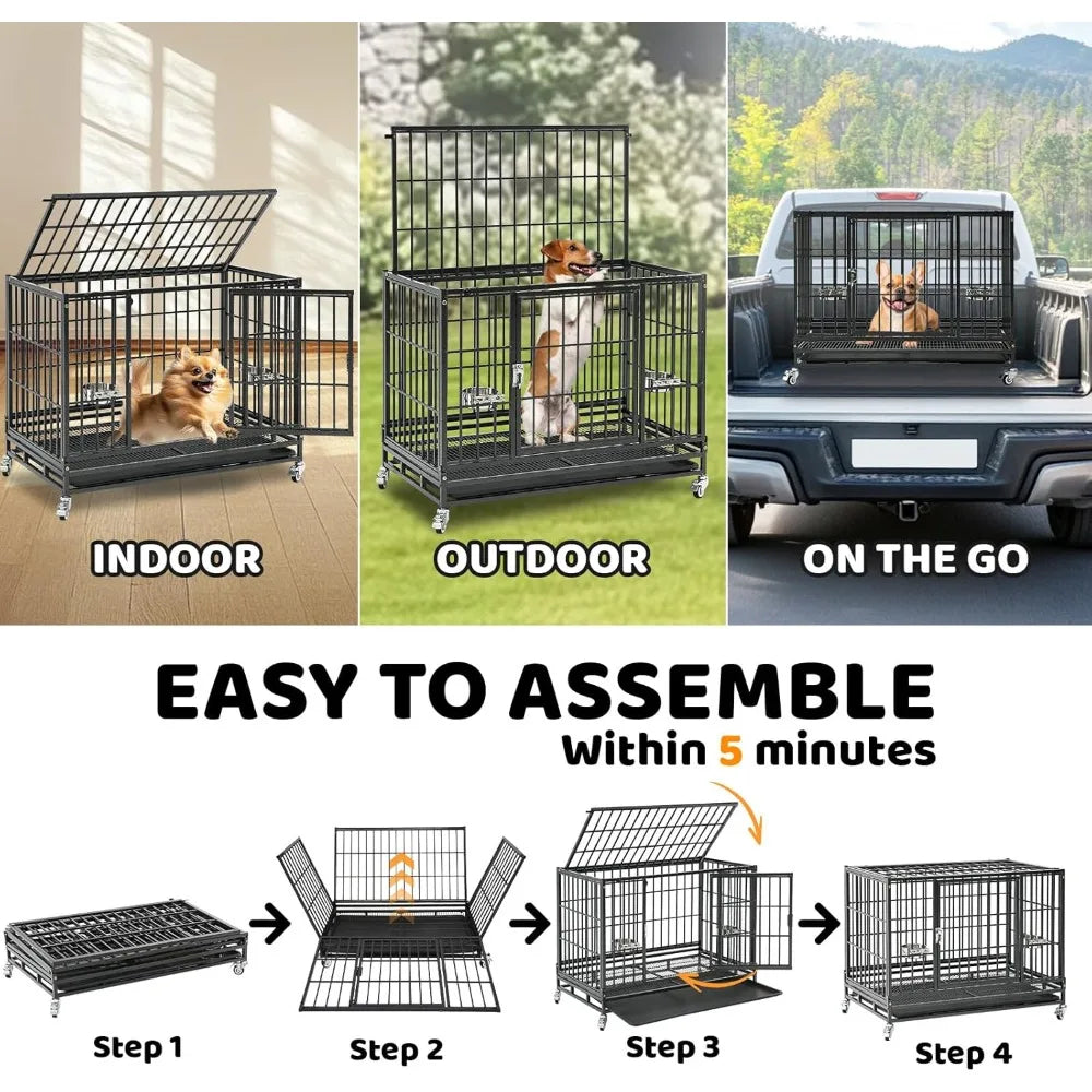 Three Tiers 37 Inch Dog Crate, Escape Proof Dog Cage Kennel Indoor with Top Access and Lockable Wheels, Removable Tray, Heavy D