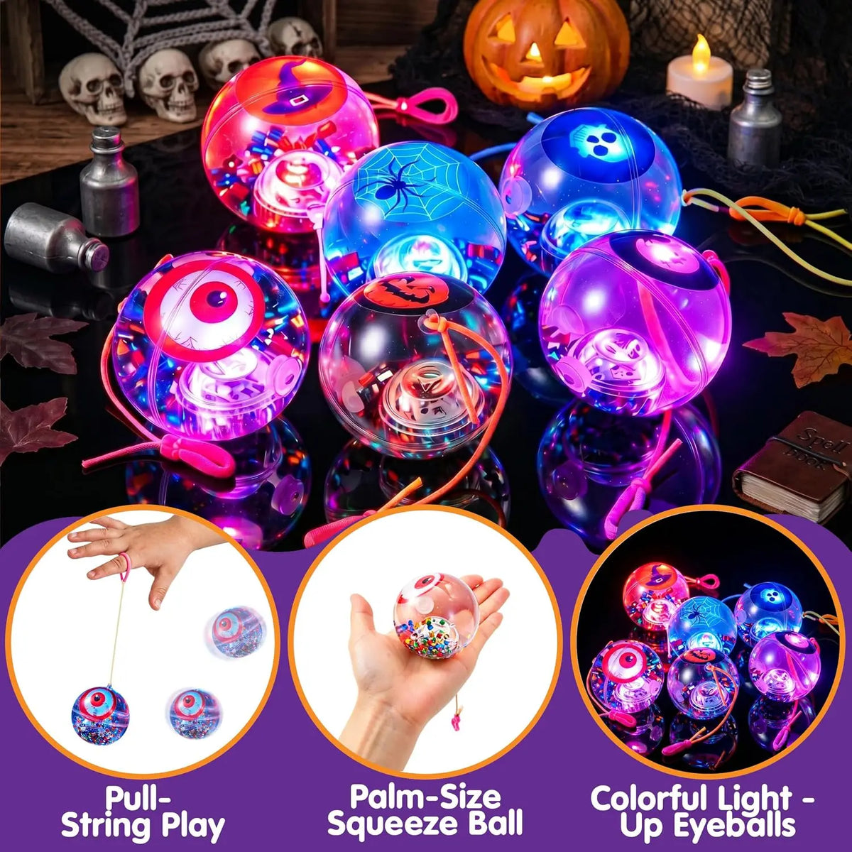Joyfy Halloween Light Up LED Bouncing Balls With Wrist Ropes