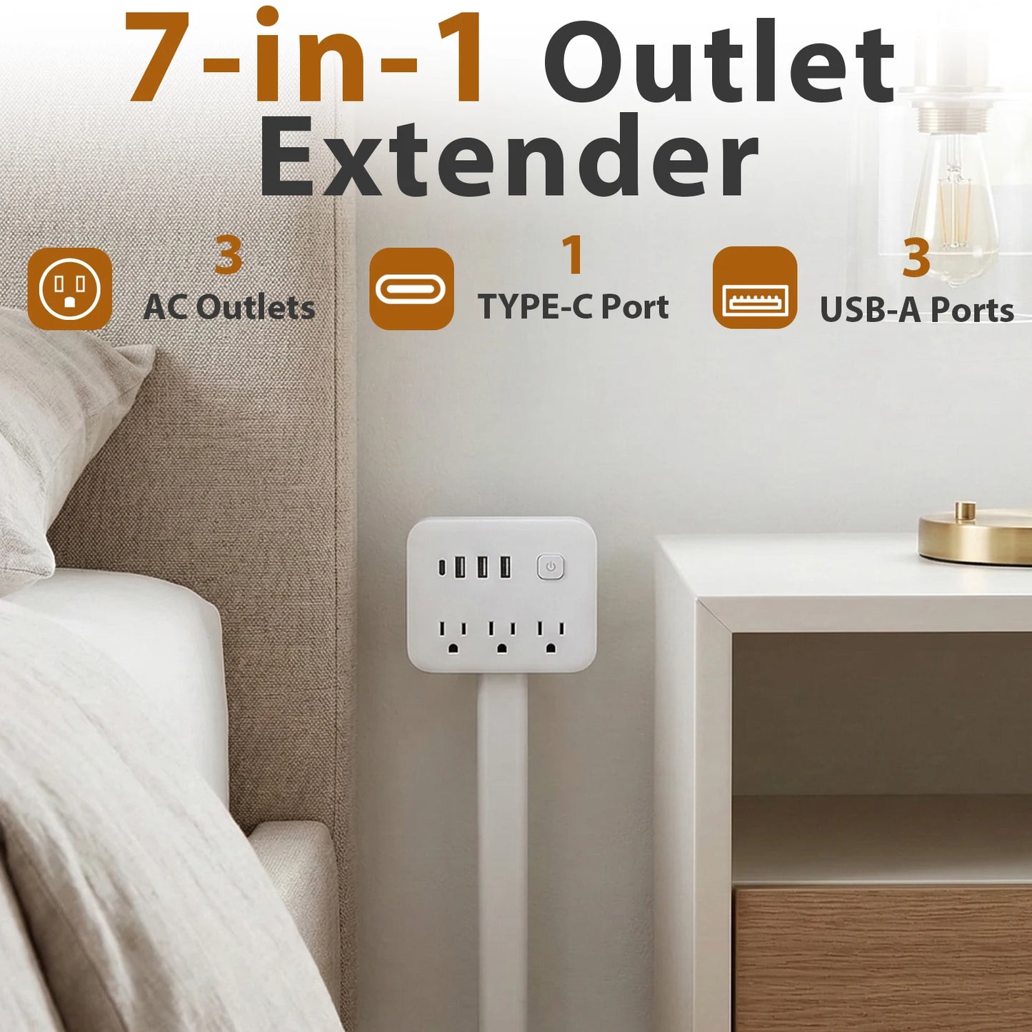 3 Retractable USB C Power Strip US Plug Wall Socket