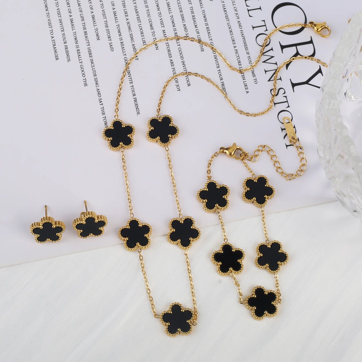 316L Stainless Steel Five Leaf Clover Jewelry Set Gold Plated