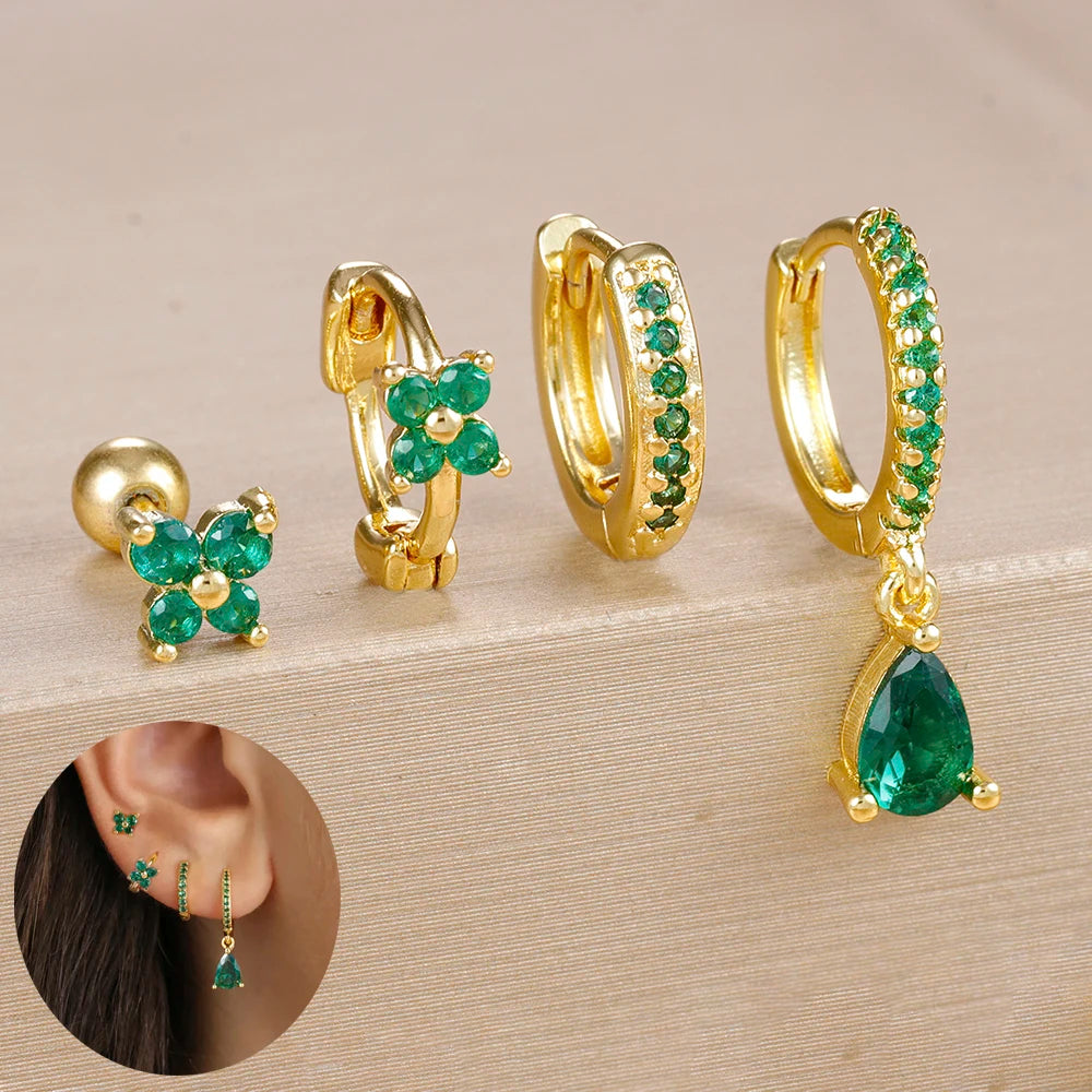 Korean Stainless Steel Zircon Water Drop Earrings Set for Women