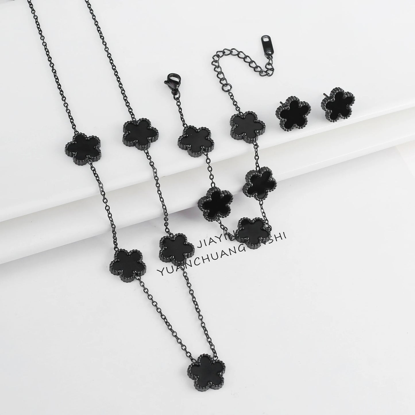 316L Stainless Steel Five Leaf Clover Jewelry Set Gold Plated