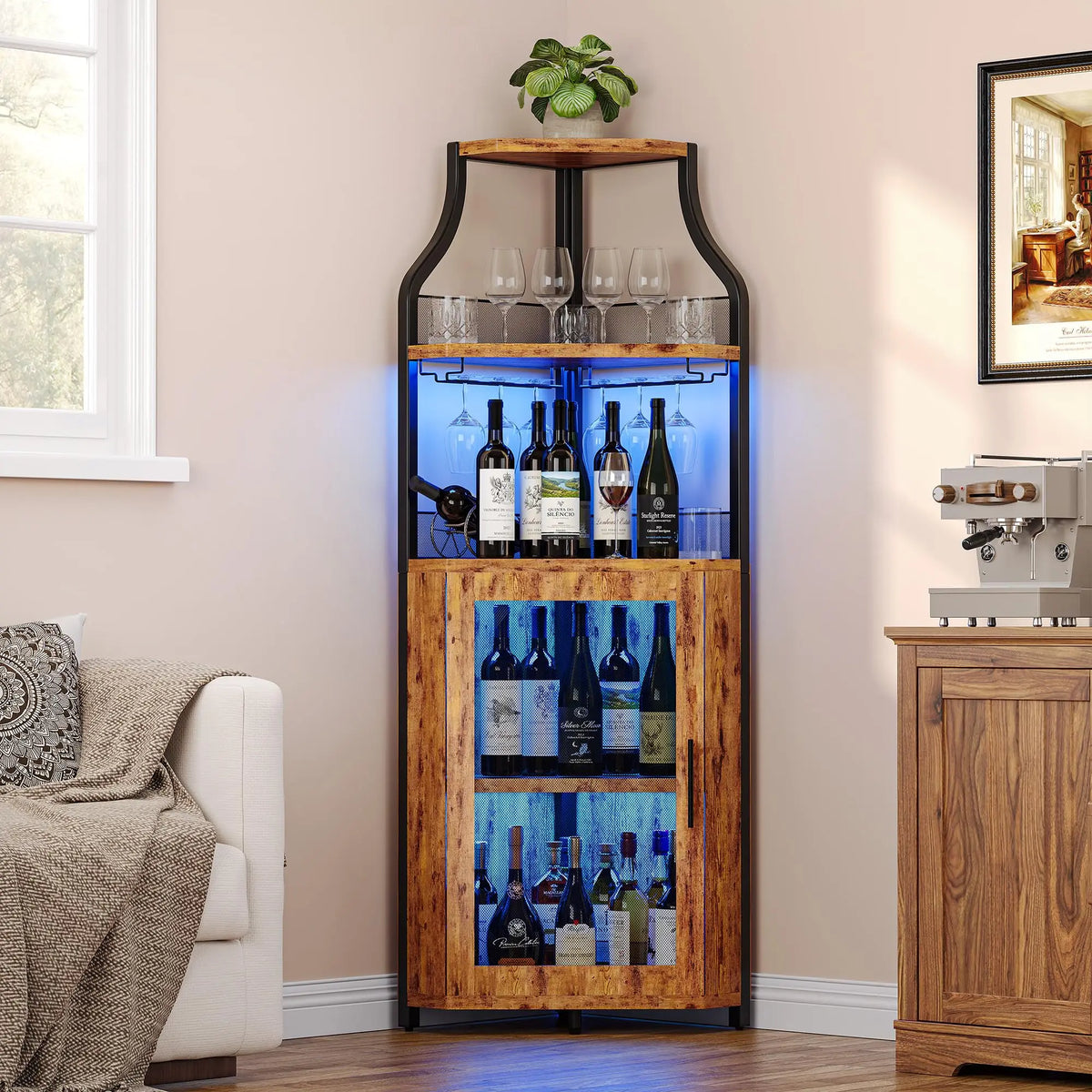 HiMISS Corner Wine Cabinet With LED Lights And Glass Holder