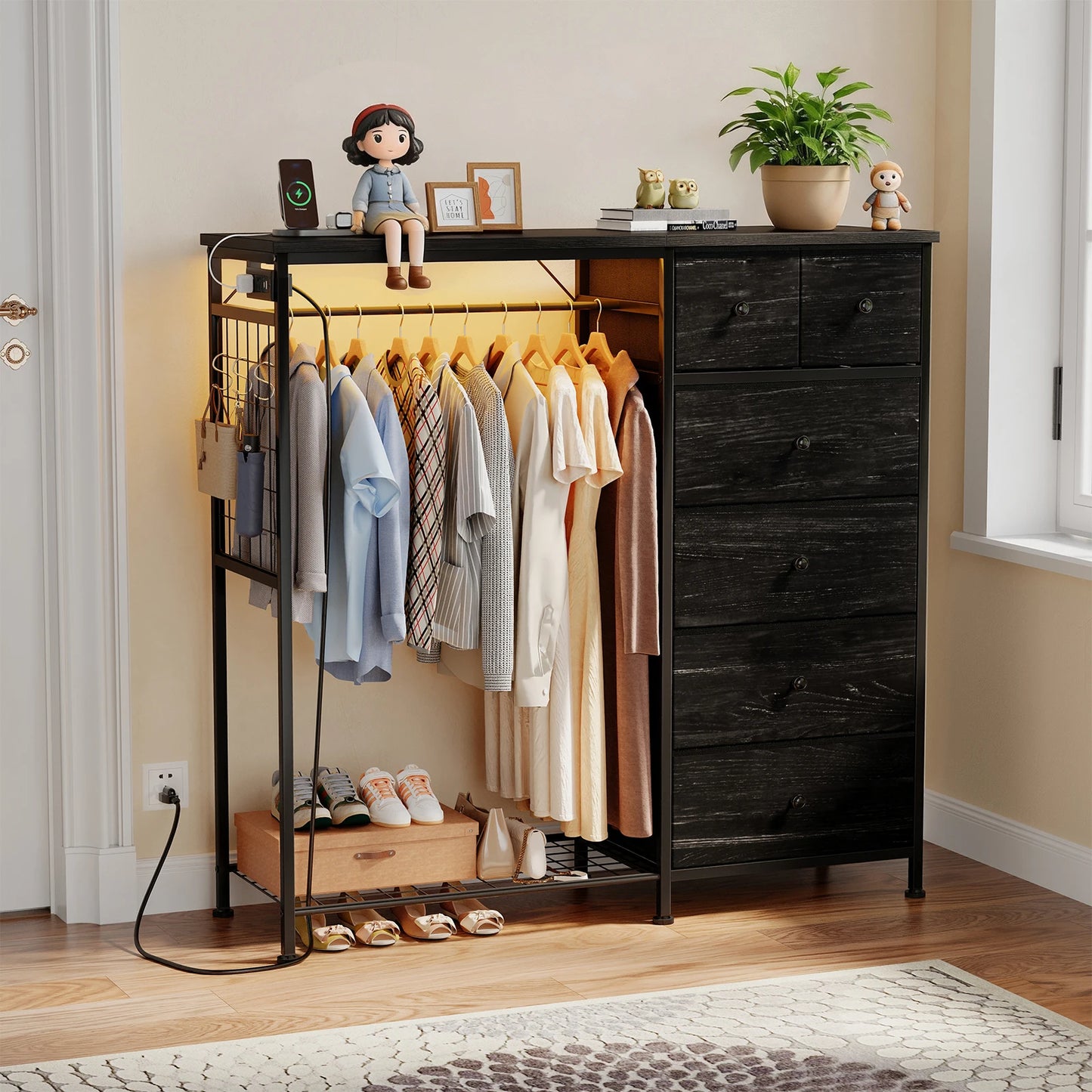 JHK 6 Drawer Fabric Dresser With Charging Station LED Lights
