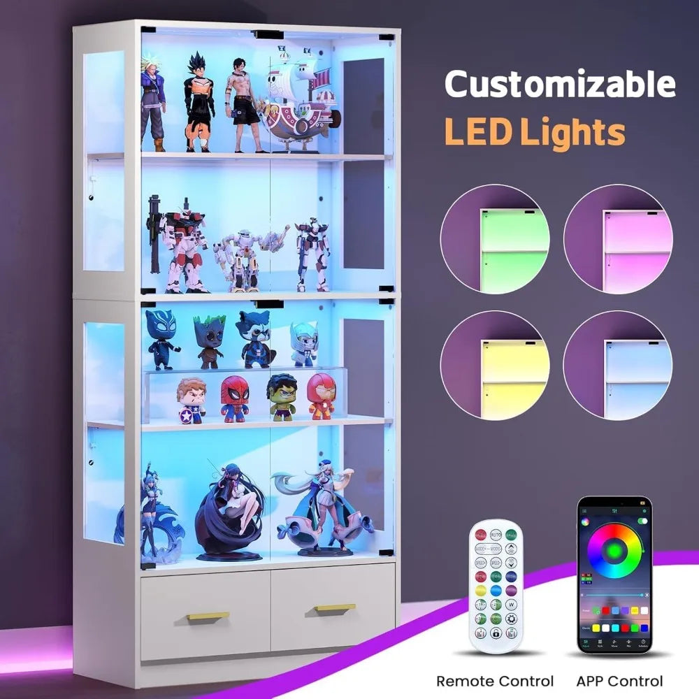 Curio Cabinet With Glass Doors And RGB LED Lights And 2 Drawers