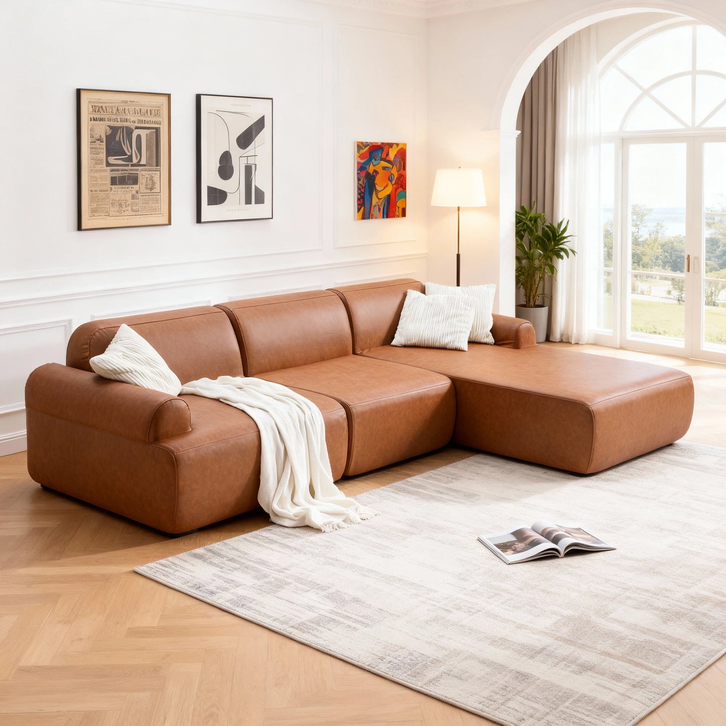 THOLASIS L Shaped Modular Leather Sofa For Family Spaces
