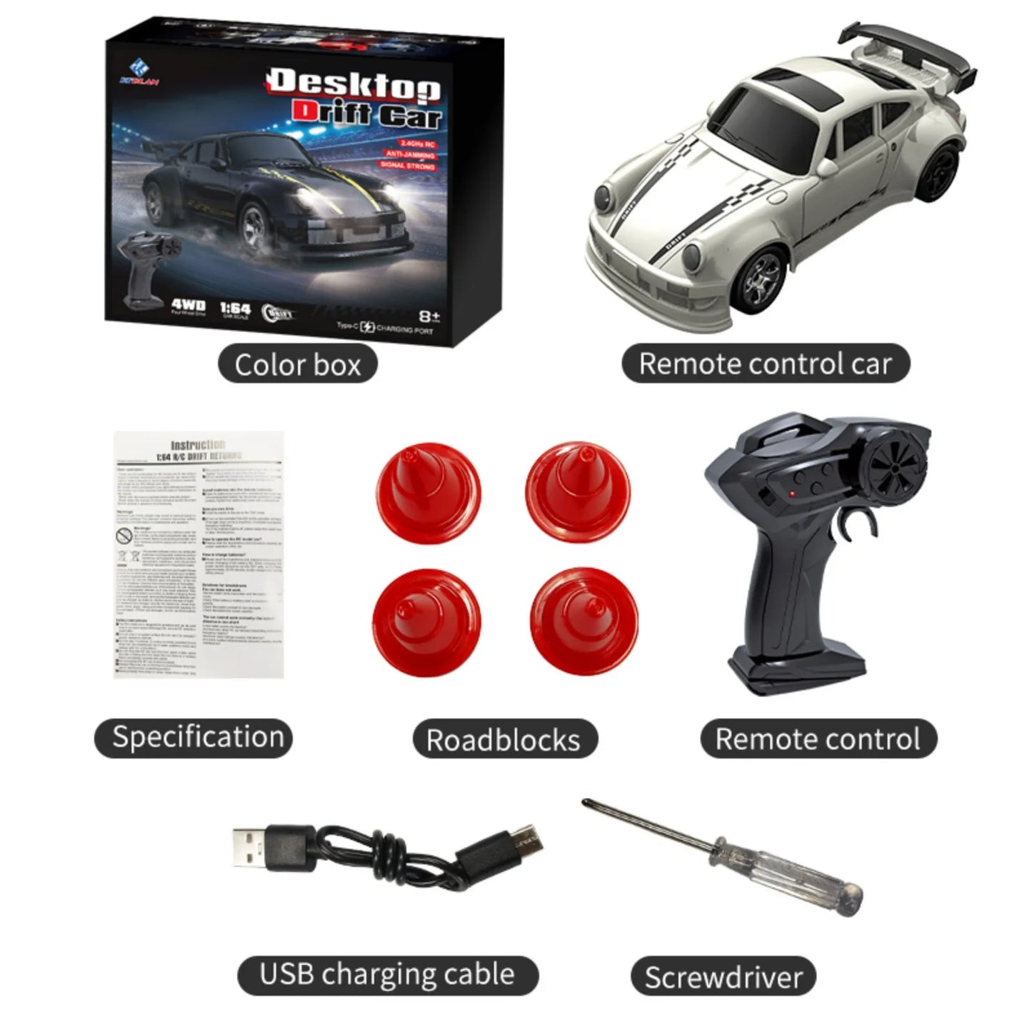 ANTSIR 1/64 2.4G Desktop Mini High Speed Drift Car 4WD Remote Control - Full Proportion Racing Car Toy GTR Race Model