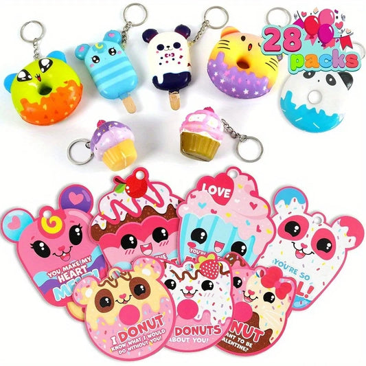 JOYFY 28 Pack Dessert squishy toys Stress Relief Keychains with Cards for Valentine’s Greeting Cards Party Favors Exchange Prize