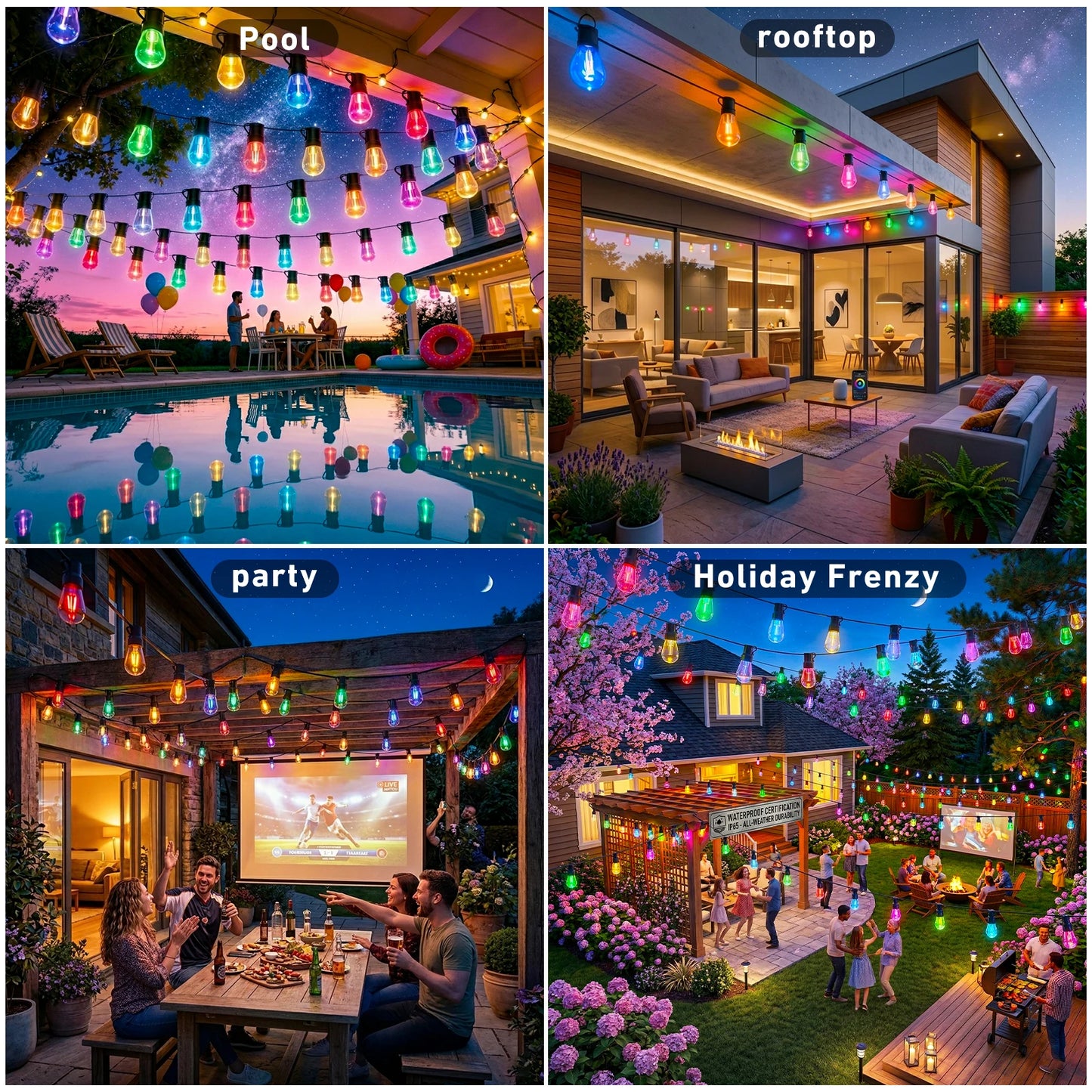 Smart App Controlled Outdoor String Lights With Dimmable LED Bulbs