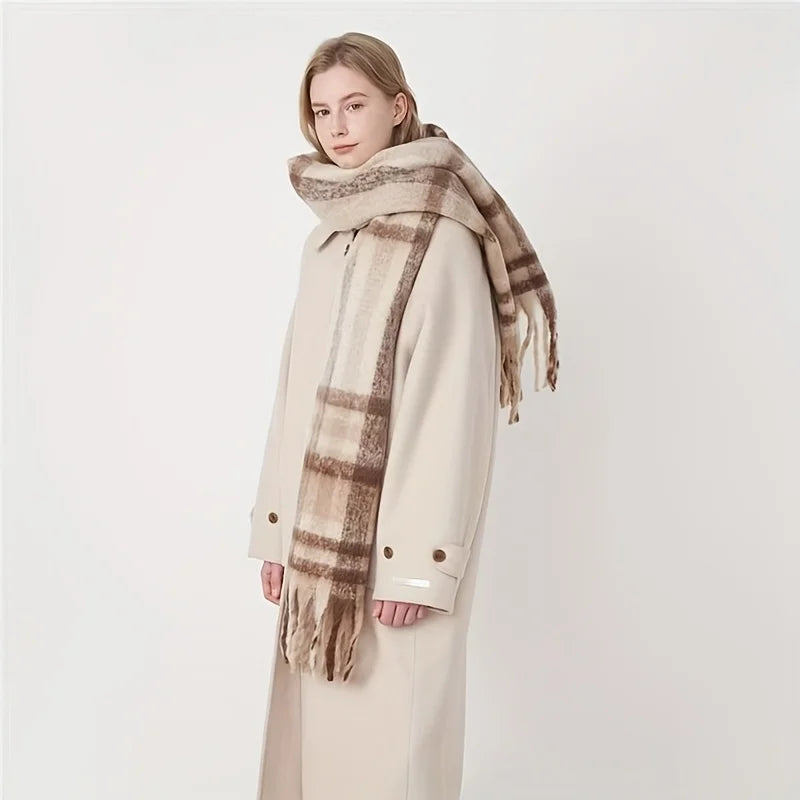 Boho Plaid Tassel Chunky Knit Scarf Shawl Neck Warmer