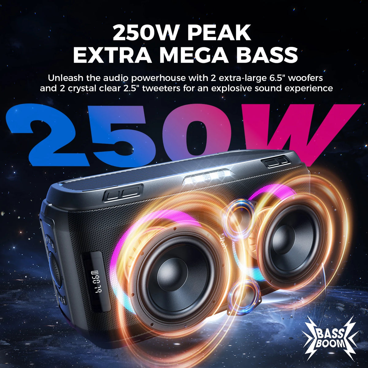 W-King 250W Peak Portable Bluetooth Speaker 120dB Custom Bass V5.3