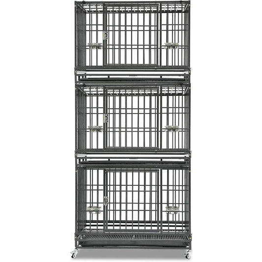 Three Tiers 37 Inch Dog Crate, Escape Proof Dog Cage Kennel Indoor with Top Access and Lockable Wheels, Removable Tray, Heavy D