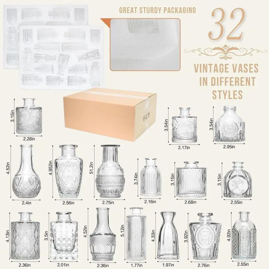 32 Piece Glass Bud Vase Set With Etched Pattern Centerpieces